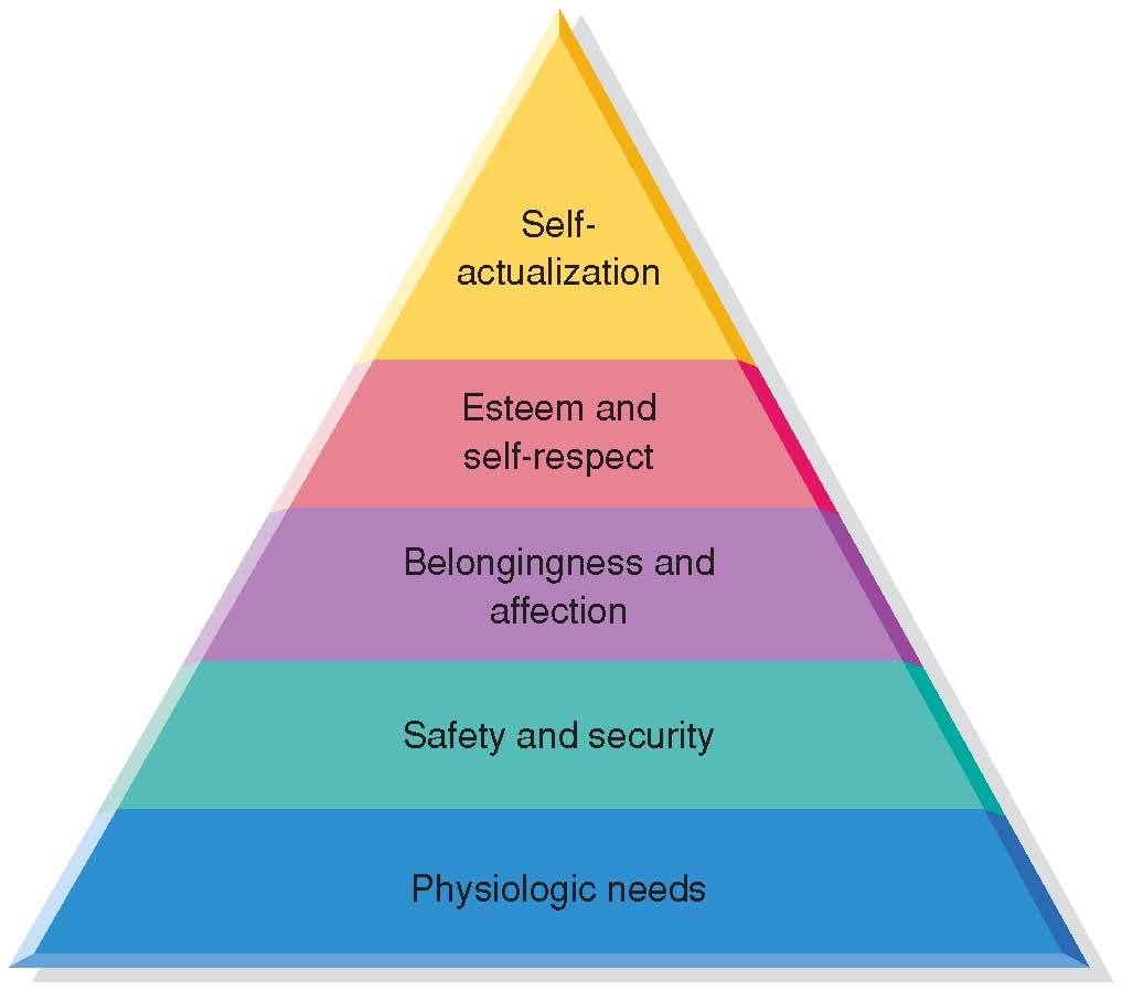 Pyramid graph of Maslow's Heiararchy of Needs.  High to Low: Self-Actualization, Esteem & Self Respect, Belongingness and affection, Safety & Security, and Physiologic needs.